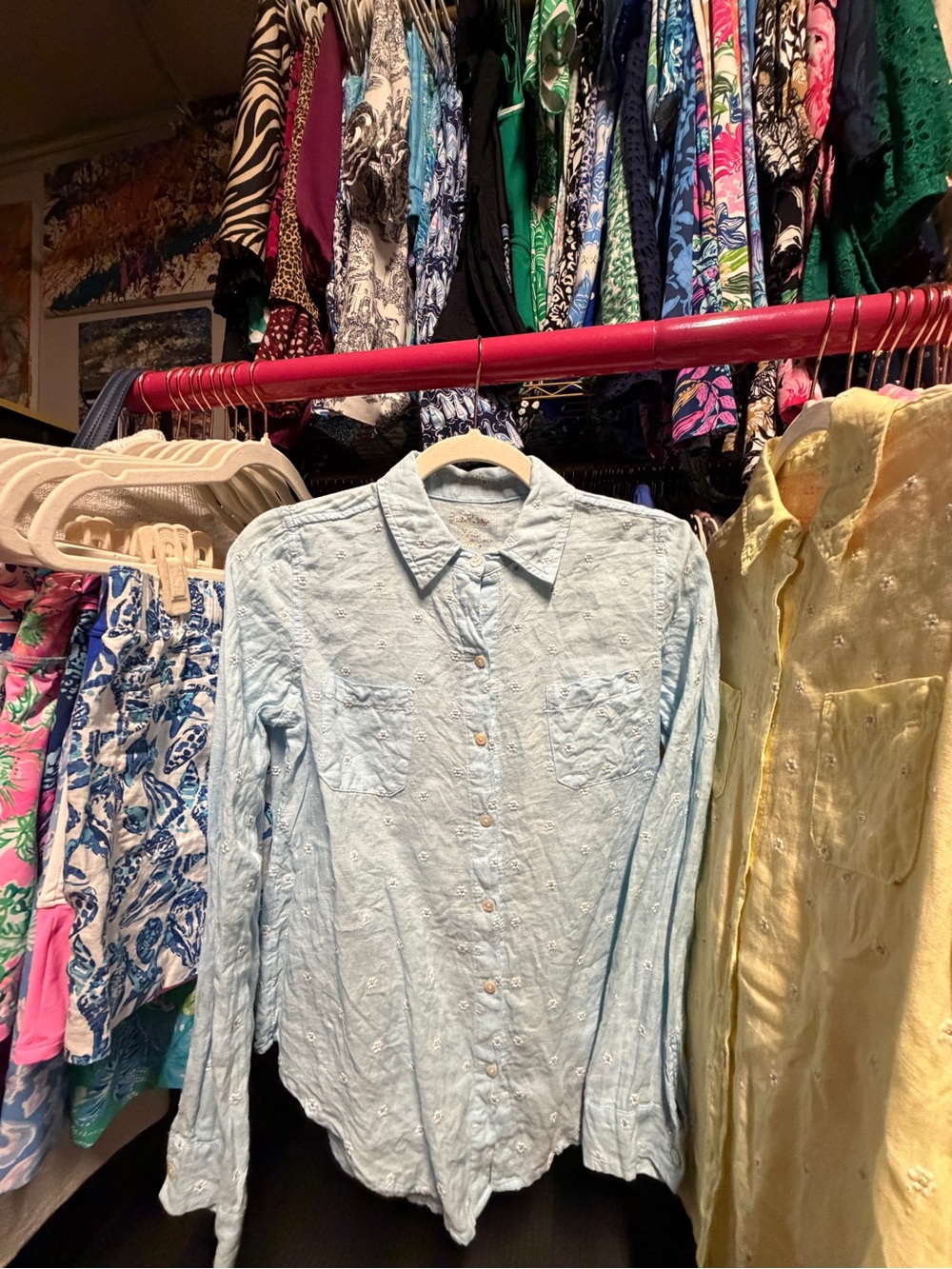 Lilly Pulitzer Hydra Blue Daisy Embroidered Linen Button-Down - XXS